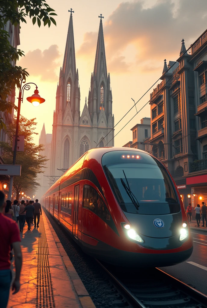 A surreal hight speed train carrying coach carrying soccer players, moving through a Saigon street at Notre Dame Cathedral | fantasy, colorful, highly detailed, dreamlike atmosphere, glass reflections, urban setting | photorealistic | cinematic sunset lighting