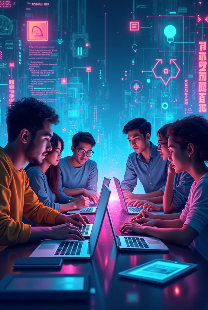 Create a dynamic and futuristic cover image for a hackathon event. The image should feature a diverse group of participants, both male and female, intensely working on laptops and computers in a high-tech environment. The background should include elements like code snippets, circuit boards, and holographic displays, with glowing neon lines connecting various devices and screens. Incorporate symbols of innovation such as light bulbs, gears, and AI icons. The overall style should be vibrant and energetic, with a focus on collaboration and creativity. Use a color palette of blues, purples, and electric greens to emphasize the tech-driven atmosphere.