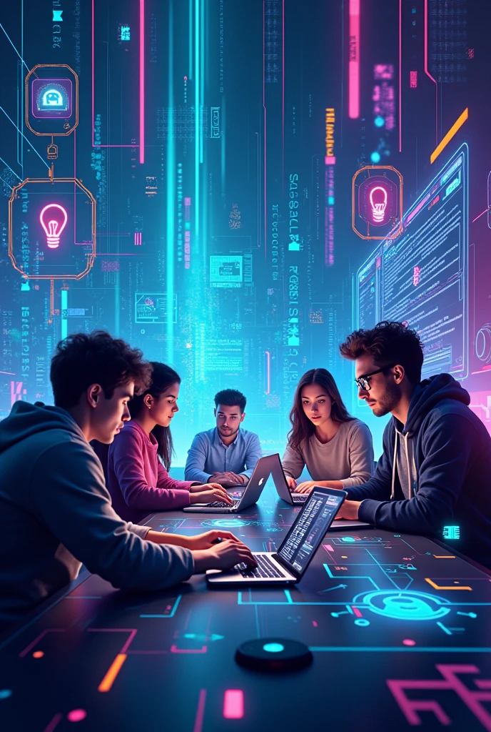 Create a dynamic and futuristic cover image for a hackathon event. The image should feature a diverse group of participants, both male and female, intensely working on laptops and computers in a high-tech environment. The background should include elements like code snippets, circuit boards, and holographic displays, with glowing neon lines connecting various devices and screens. Incorporate symbols of innovation such as light bulbs, gears, and AI icons. The overall style should be vibrant and energetic, with a focus on collaboration and creativity. Use a color palette of blues, purples, and electric greens to emphasize the tech-driven atmosphere.