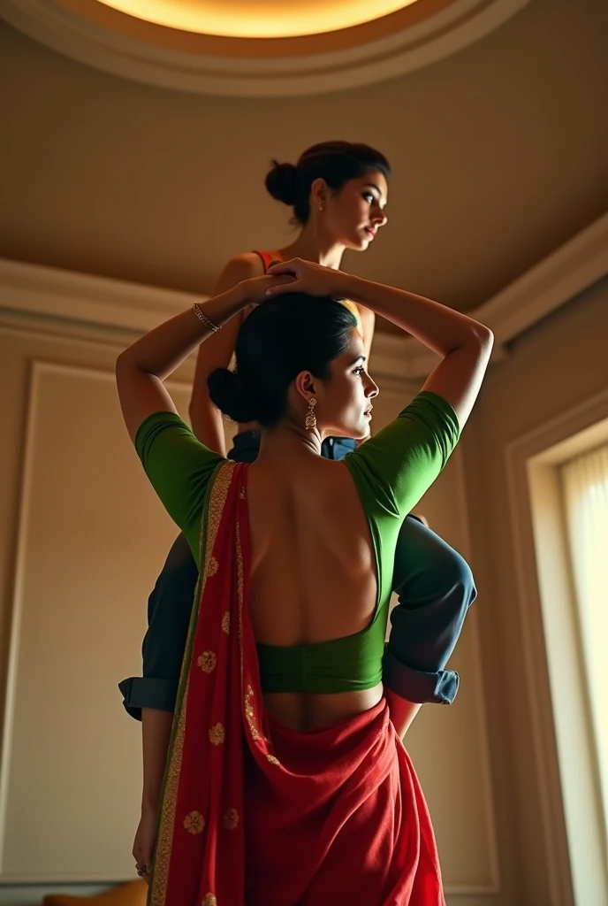 Beautiful and Slim Indian woman Aishwarya Rai in green satin blouse red saree , tied hair bun, lifting a man above her shoulders, man is sitting on woman's shoulders, in a bedroom with high ceiling, woman is showing her back to the camera , full body view