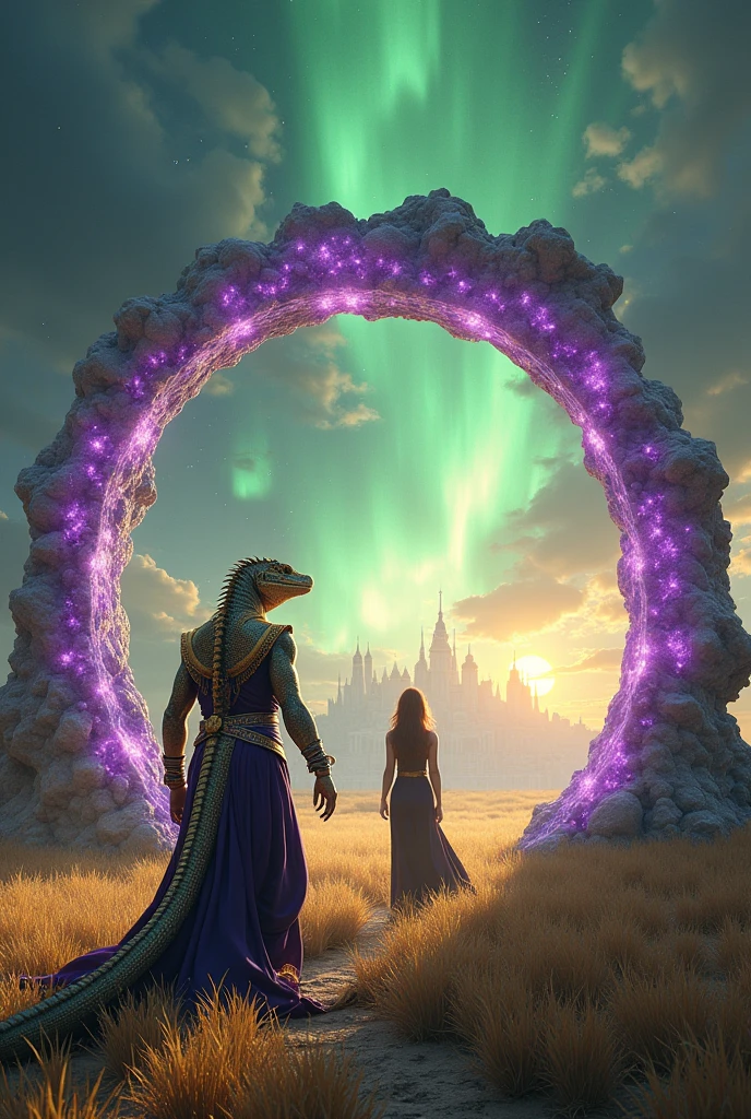 Reptilian with golden scales and a dark purple ceremonial outfit and a silver belt , exit through a magical cosmic portal made of polished amethysts, she guides a woman in a black tunic and black dress, Inside the portal there is a beautiful city of white buildings at night,  red eclipse in the background portal is in the middle of a field, the sky is daytime and has a green nebula