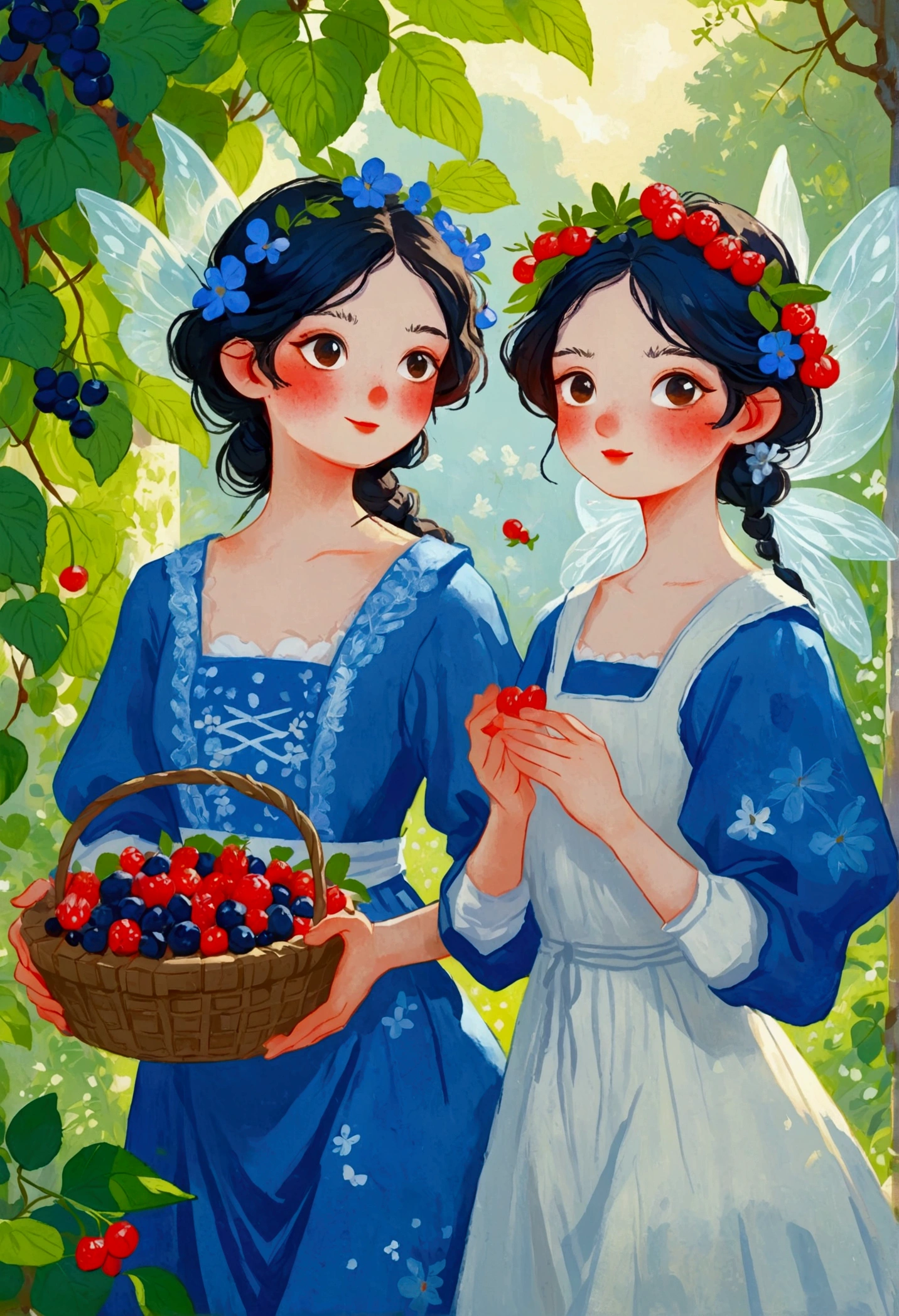 Painting of two women in blue and white clothes holding a basket of berries, Digital Art by Jin Nong, Winner of the CGosociety competition, Fantasy Art, fairytale artwork, Edgar Maxence 和 Ross Tran, Fairy tale illustration style, guweiz style artwork, Mobis + Loish + WLOP, Beeple 和 Jeremiah Ketner, Fairy Tale Core