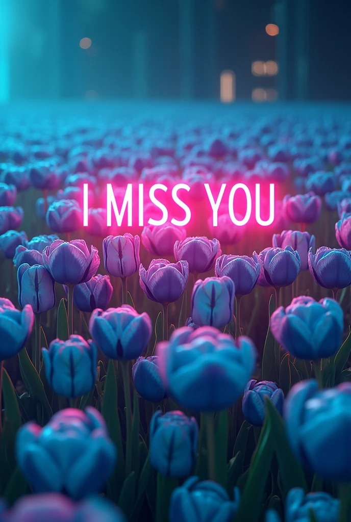 Create an image that contains the word I miss you, a real futuristic image with multi colors with turquoise blue flowers tulips of millions of colors  💕