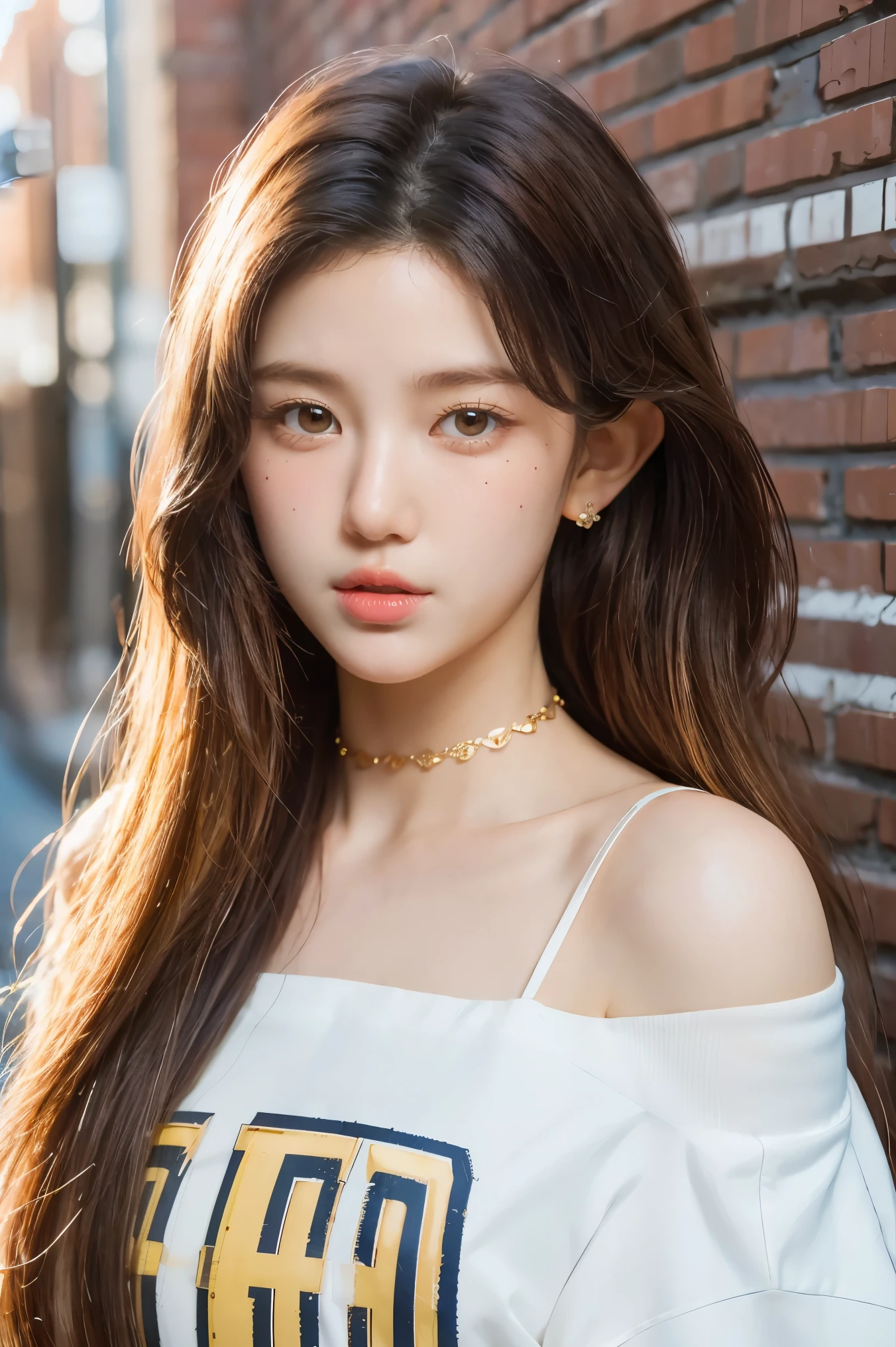Very realistic 8k cg, Masterpiece, ((Extra detailed background, delicate pattern, complicated details)), best quality, complicated detailss, Chromatic aberration, 1 girl, long hair, golden hair, messy hair, red highlights, hair on one eye, sharp eyes, choker, Brick wall, graffiti, The light is dim., alley, Oversized shirt,off shoulder, Looking through a white shirt, Masterpiece, best quality