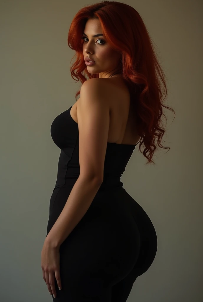 Large apple bottom booty thick redhead dominican women is wearing black leggings showing her curves of her butt cheeks to the camera and a tight shirt with her nips showing through her shirt. Show her butt from the floor looking up at her in that angle