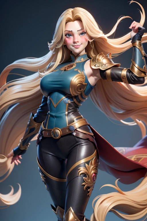 (8k, raw photo, Best Quality, maestro:1.2), (anime-anime photo:1.37), ultra detailed, 1 girl, beautiful, alone, Beautiful detailed blue sky with fluffy clouds, (blush), (whole body: 1.1), (smile: 1.1), (shut up), big breasts, beautiful and delicate blue eyes, (Blue fitted armor with intricate engravings of leaves and flowers : 1.1), Golden metal pieces covering her shoulders and arms, Dark brown leather belt with metal buckles, tight leather pants, Brown leather boots, A cross adorns his chest, (long blonde hair: 1.2), flowing hair, high contrast, Proporciones de whole body, (astride, stretch the legs, thin legs), Chest closeup, full color