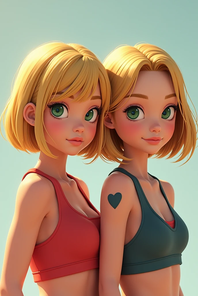 2 girl, blonde bob hair, big green eyes, thin nose, normal mouth, sporty physique, heart tattooed on the right shoulder blade