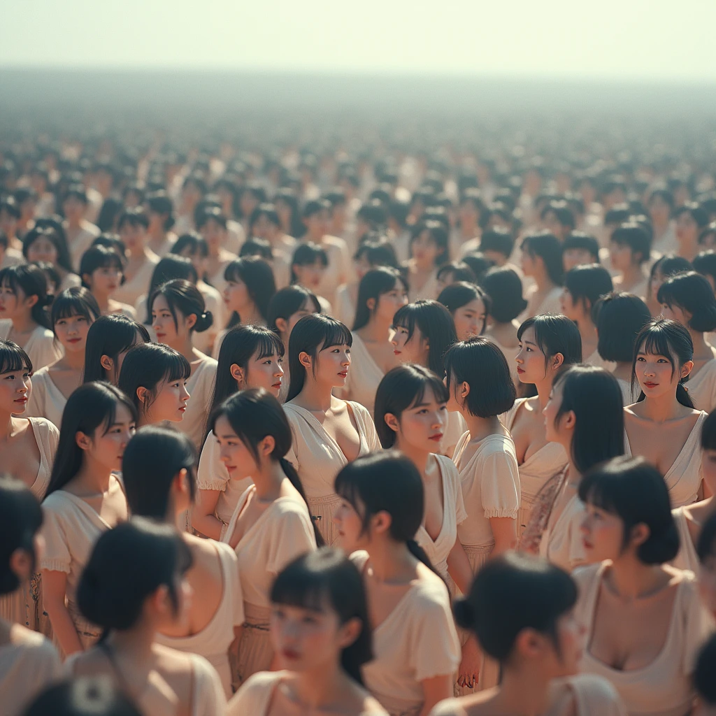 (((((Japanese Clone girls=Myself)))))), (((Best Super High quality Myself Clone girls Raw Photography Art))), (16K, Highest quality, Ultra-high resolution, RAW Photos), (((It's so unrealistic., With unparalleled depiction, With an unfathomable sight, An unprecedented and shocking worldview, Clone girls in a world of mass reproduction, Ultra-realistic))), (((Japanese, woman, 18yo, hashimoto-kanna))), (Small face, ((Thick black hair, Semi-long hair))), ((V-neck short-sleeve dress)), (((((Very detailed美しい女体, Accurate body structure, Very detailed完璧な, Super body with very large breasarly emphasizes cleavage))))rk Eyes, Mature face, Cute Sm gentle gaze))), (((Her happy and smiling expression is so cute))), ((((((((Very detailed分身増殖描写, ((1girl→Myself cloning→1,000,000,000,000,000,000,000,000,000,000,000,000,000,000,000,000,000,000,000,000Myself Clone girls)))))))))), ((((((((Very detailed, The precise depiction of the proliferation of Myself Clone girls, ((With the perfectly identical bodies of Myself clone girls, With the exact same face as the Myself clone girls, With the exact same hairstyle as the Myself clone girls, In the exact same clothes as the girls who are my clones, Perfectly the same height as the Myself clone girls, Super big breasts, just like thene girls)))))))))), (((Myself clone girls only))), (((Multiple pairs, Very detailed depiction, (Myself clone girls hug each other, Myself clone girls assemble, Fun conversations with fellMyself clone girls, A fun conversation between Myself clone girls, Myself clone girls holding hands, Walking with lots of Myself clone girls)))), (((Everyone looks at the camera))), (((Unbelievably crowded, Transcendent Myself clone girls intimately, Countless Myself clone girls surround you in 360 degrees))), (Bright, soft sunlight), (((Very wide field of view, Very detailed, Detailed ultra-perspective depiction with clear depth, wide view))), (((((Landscape with a curved slope))))), (((Very photographic and detailed depiction, Myself clone girls will multiply infinitely and fill the surroundings from one side to the horizon with their bodies tightly packed together without any gaps., A scene of endless Myself clone girls and a fun atmosphere))), (Focus on the average value of the image)
