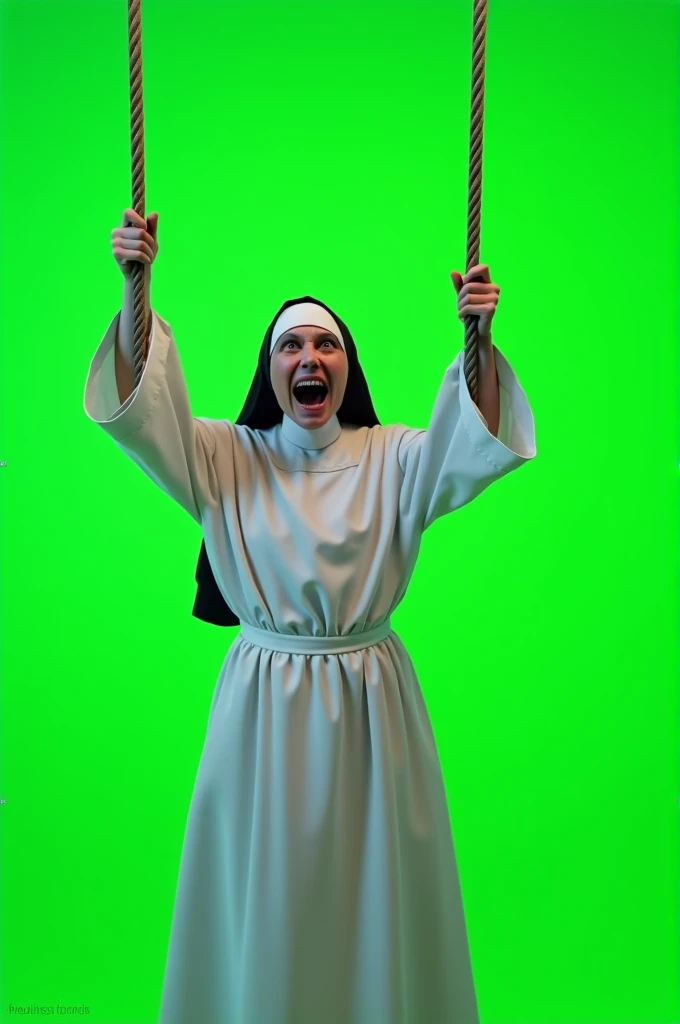 A White nun hanging on rope, his face very scared and , with green screen