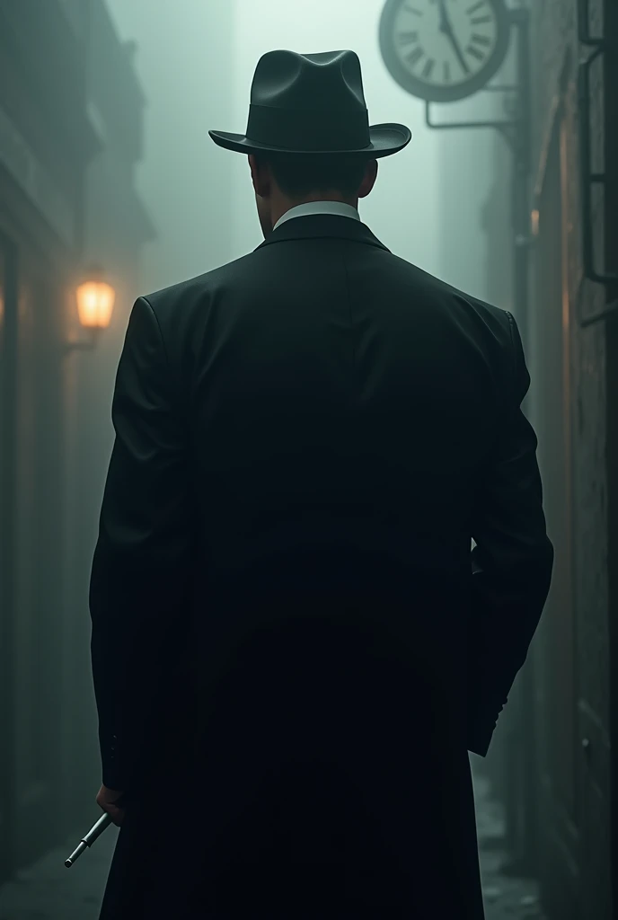 A gangster in a black 1920s suit and a black gangster hat smoking in a foggy environment with his back turned with a cigarette in his hand