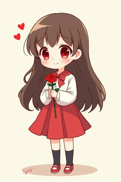A cute anime girl with long brown hair, red eyes, wearing a simple white dress shirt with a red handkerchief-shaped ribbon, a simple red skirt, black socks, and red shoes with white areas is smiling gently and holding a single red rose in both arms, this is a deformed illustration with a thick outline.