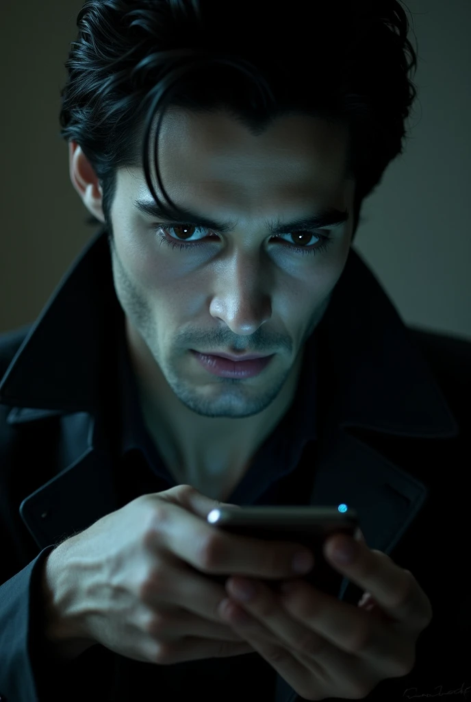 Damon Salvatore looking with eyes on his phone screen