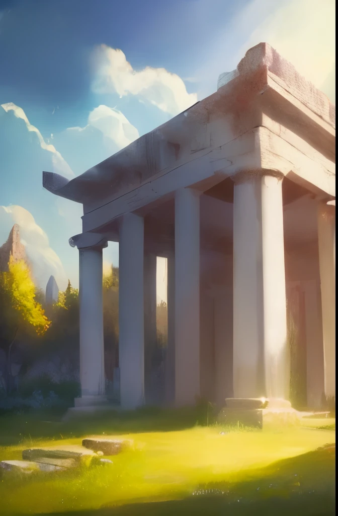 there is a small white building in the middle of a field, a picture by Pogus Caesar, cg society contest winner, romanticism, mysterious temple setting, a mystical temple, background depicting a temple, secret overgrown temple, entrance to ethereal realm, temple background, portal to the ethereal realm, mythical shrine, beautiful anime scene, the most beautiful scene