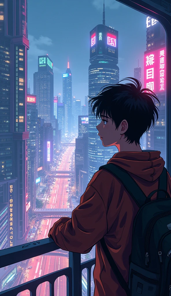 anime cyberpunk theme teenage boy looking at the city from a balcony of a skyscrapers overlooking a city(wide angle view)(glowing effect), makoto shinkai cyril rolando, makoto shinkai. —h 2160, style of afrofuturism aerial view,, ( ( makoto shinkai ) ), makoto shinkai. digital render, makoto shinkai!, beautiful anime sceneHawaii, gta vice style , illustration , reteo comic illustration (no blurred image)(hd quality )
                                                                                                                                                                                                                                                                                                                                