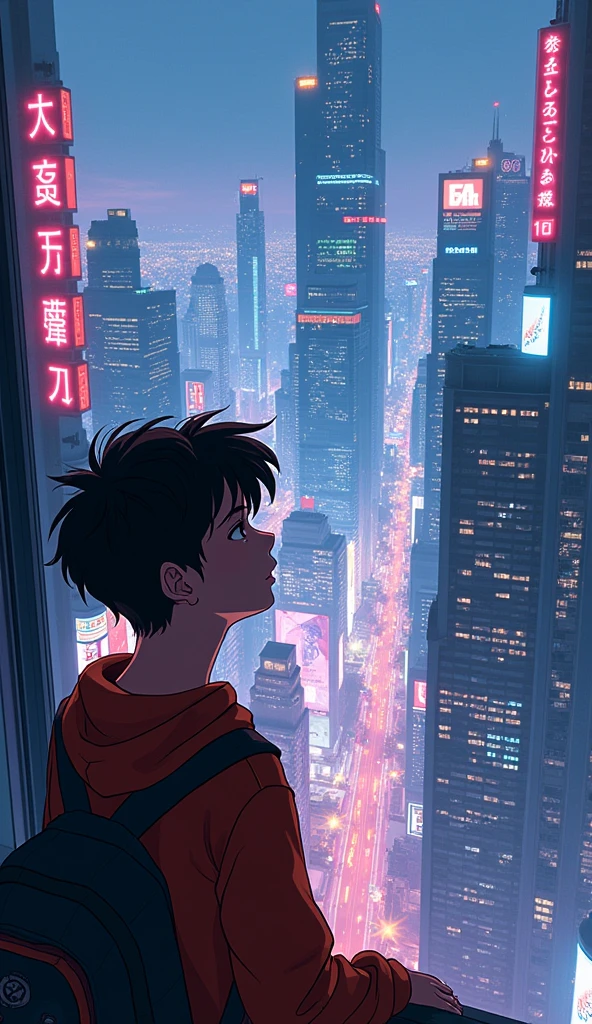 anime cyberpunk theme age boy looking at the city from a balcony of a skyscrapers overlooking a city(wide angle view)(glowing effect), makoto shinkai cyril rolando, makoto shinkai. —h 2160, style of afrofuturism aerial view,, ( ( makoto shinkai ) ), makoto shinkai. digital render, makoto shinkai!, beautiful anime sceneHawaii, gta vice style , illustration , reteo comic illustration (no blurred image)(hd quality )