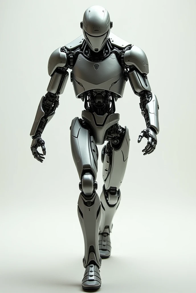 A metallic robot, walking forward, slightly bent, head looking towards the camera but walking to the side
