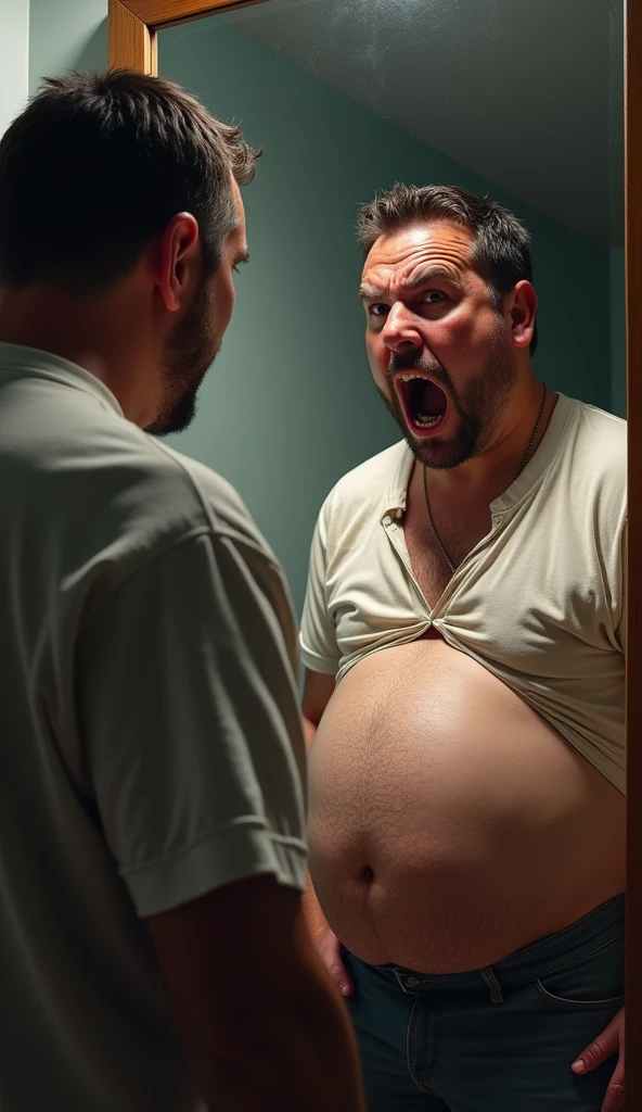 Close-up of man looking at their stomach in the mirror, noticing some weight gain, horror, CARICATURE