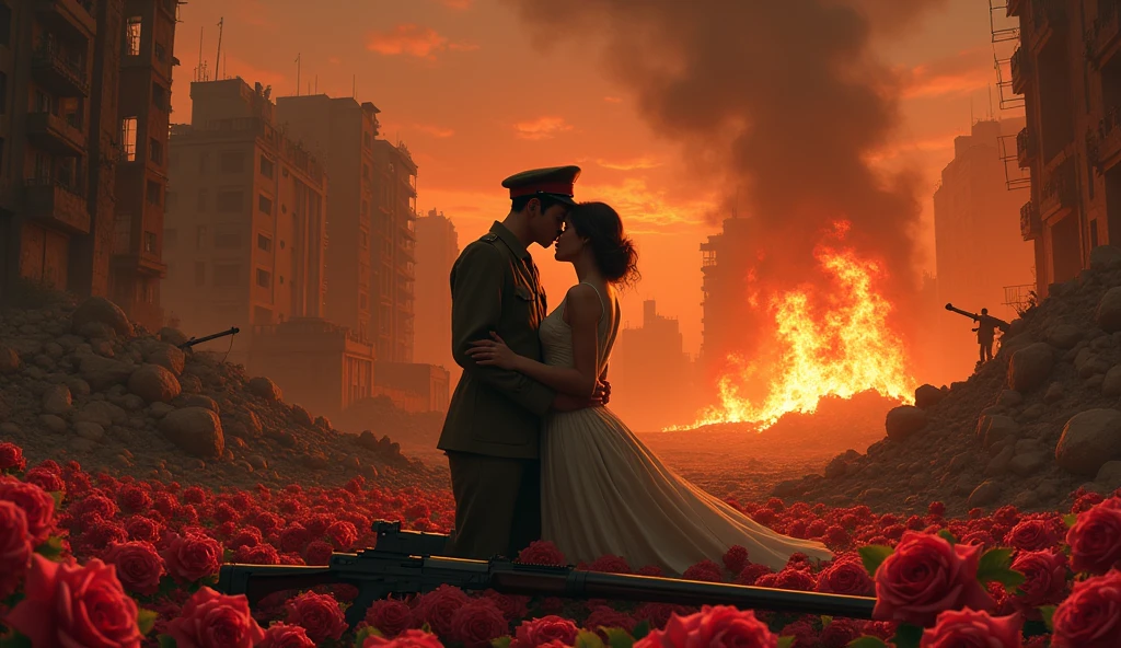 1944; (masterpiece, best quality) destroyed city roses on the floor(Cairo); thousands of flowers on the ground; 1Japanese soldier couple kissing looking Down(close-up);firearm on the floor.; fire around.