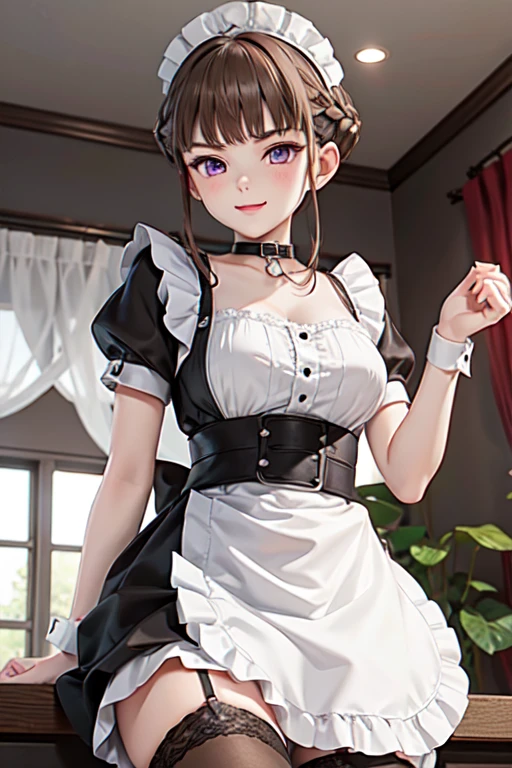 nice with you, short hair, braided hair, brown hair, violet eyes, woman, solo, Maid clothes, stockings, Headdress, choker, apronスカート, apron, Frills, ribbon, collar, cuffs,