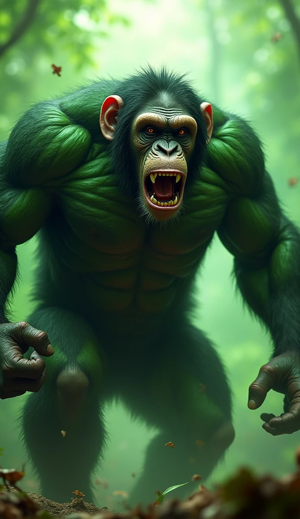 Create an image of a chimpanzee transforming into Hulk. The chimpanzee's small frame swells with muscles, its fur bristling as it turns green. Its facial expression should be a mix of surprise and anger, with clenched fists ready to smash. The setting could be a jungle scene, showing the sheer power of this transformation.