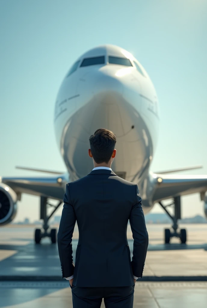 A young handsome office year boy watching a big plane in plane name written "Sarfaraz Sayedi"