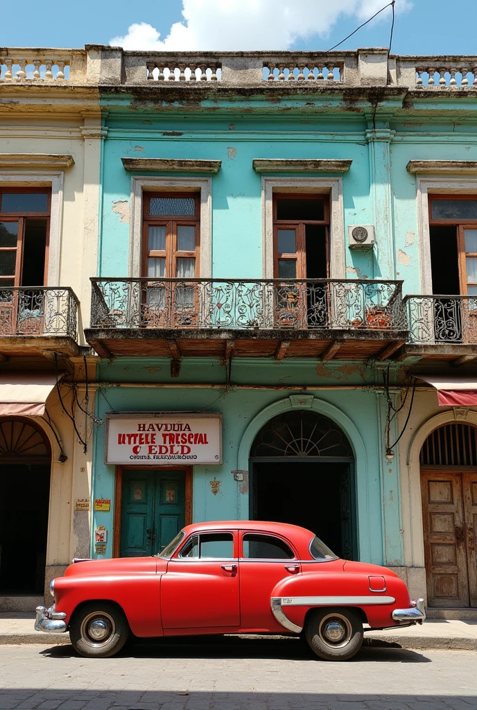 Generate a typical and very cheap hotel found in Havan, Cuba. There is a beautiful balcony on the second floor and an old red car parked, 4k