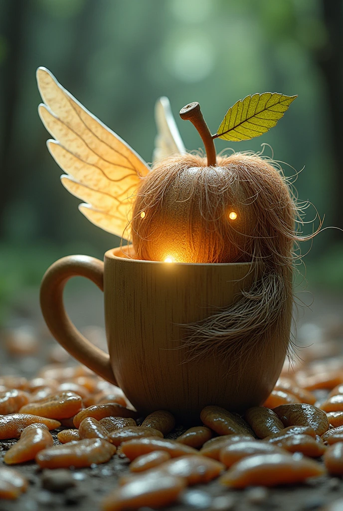 A wooden apple with an angelic appearance and a large coffee cup with a human shape covered in hair and hundreds of small pieces of fish that are very good for the eyes. 