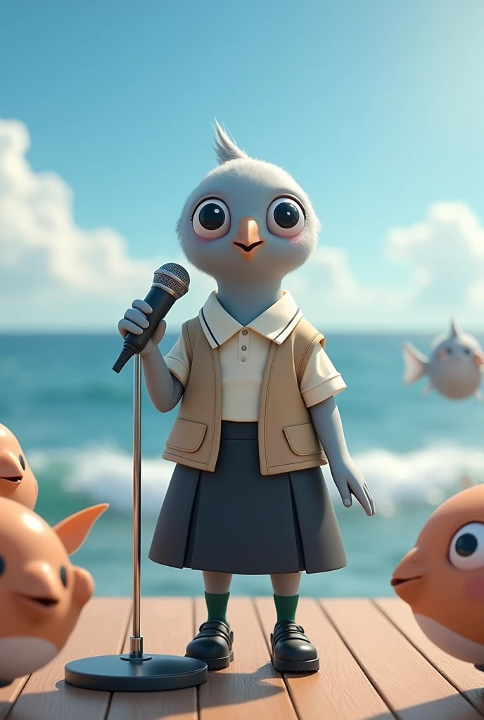 ((Highest quality)), ((masterpiece)), (photograph:1.6), (front), photorealistic, portrait, Singing into a microphone surrounded by puffer fish。
Big cute eyes, human expression。A small grey female pigeon with a head slightly larger than its body。
Off-white short-sleeved collared shirt with a light brown vest that was closed at the front、A knee-length black skirt with dark green socks and black shoes、Clear blue sky and ocean views。