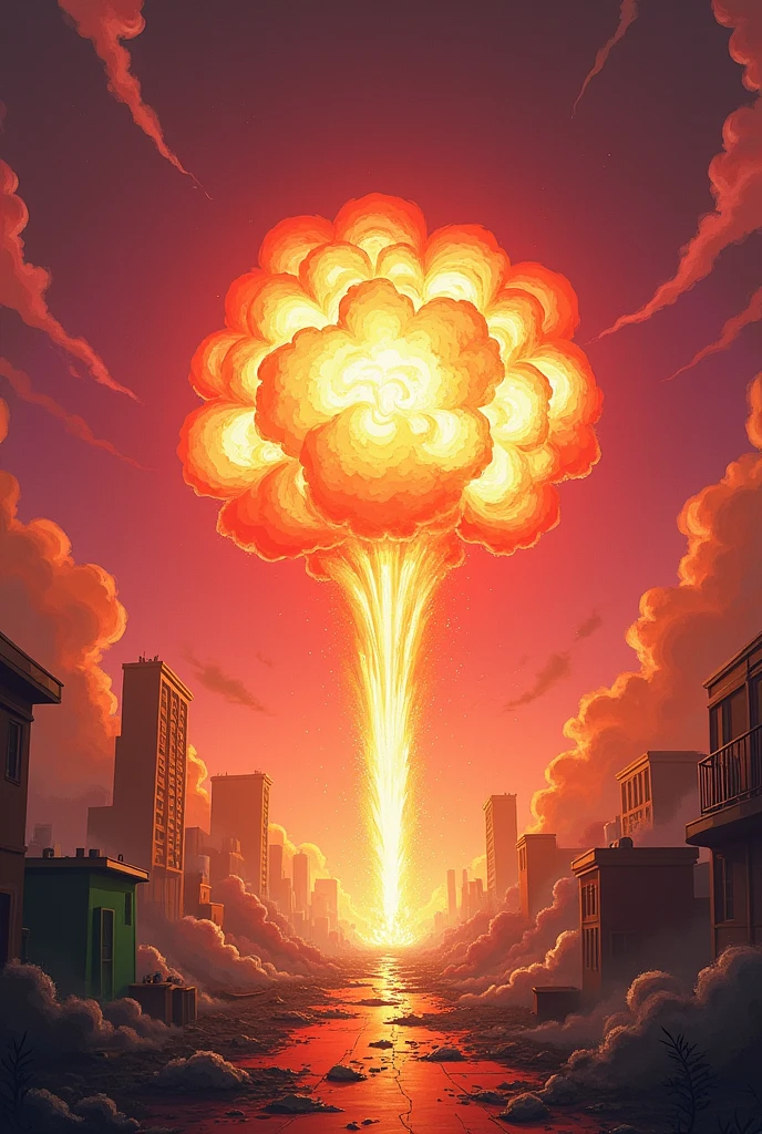 A huge explosion spreading out and a path of fire in the middle with green and pink fire, in the background burning things and pink smoke and smoke. The sky is red and smokey