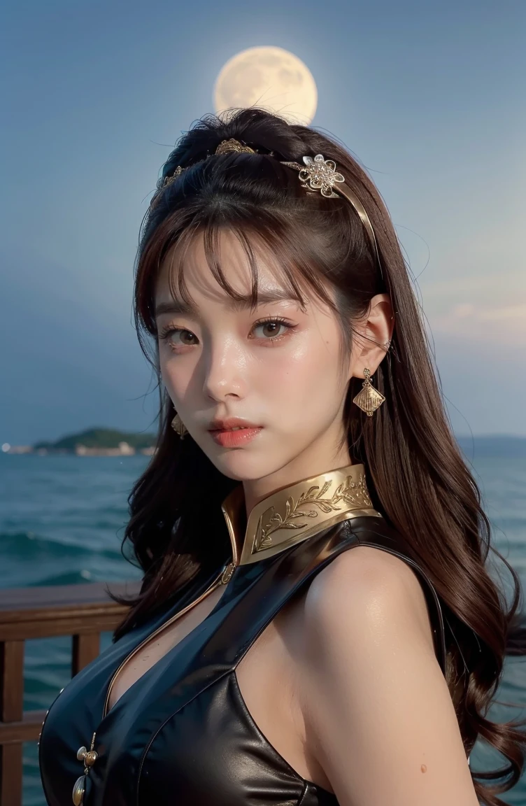 ((Highest quality、8ก、Masterpiece:1.3))、Sharp focus:1.2、Beautiful with a perfect figure, (Highest quality,beautiful and beautiful:1.2), (1 female adult), Highly detailed dynamic gaze,She is wearing a luxurious Chinese dress.,Elements of the Golden Ratio,colorful,ราชินีpirate, I have black hair and black eyes., There is a moon behind., pirate,
