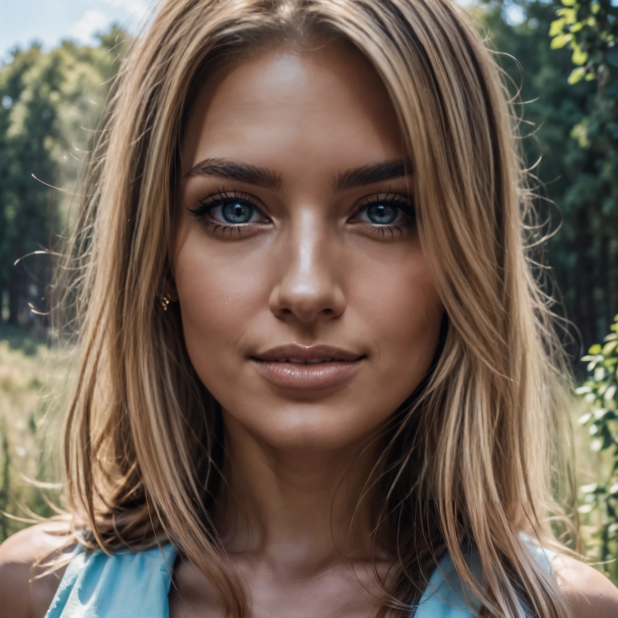 (Best Quality), (ultra-detailliert), (master piece), (hight resolution), 16K resolution, 1 woman, 20 years old, looking at viewer, close up shot, view from above, sassy smile, radiant smile, seductive, lustful facial expression, confident, graceful,Body in perfect alignment,peaceful expression,flowing outfit, light blue eyes, ((bright blue eyes)), blond hair, hair tied back, (beautiful and detailed face), slender waist, thin body, narrow shoulders, outside, german forest, Vibrant greenery, in the middle of the forest, misty mounatins in background, sunrise, sunshine