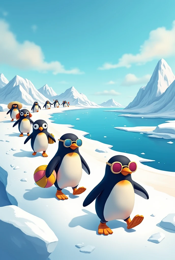 The penguins returning home after their beach vacation animated image