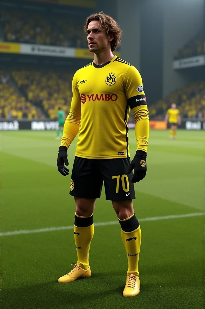 Borussia Dortmund player named Ramsay who wears number 70, long sleeves, black gloves and wavy hair