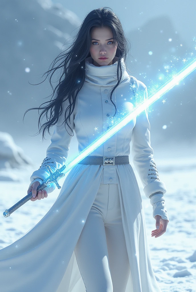 Create a female character with black hair, blue eyes, an ice sword, white clothes, and snow powers. 
