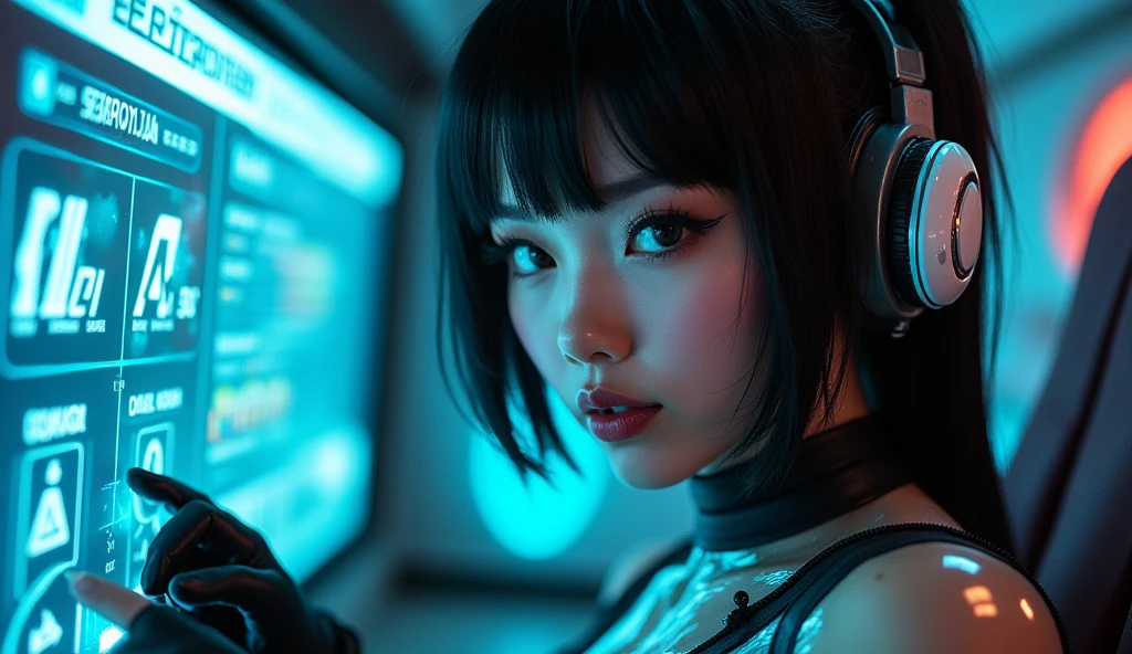 gundamwingcockpit, futuristic, scifi, plugsuit, transparent latex, goth, dark lips, large breasts, solo, black hair, gloves, g0thicPXL, dutch angle, smirk, controls, joystick, holographic interface, technology, close up, glowing, neon