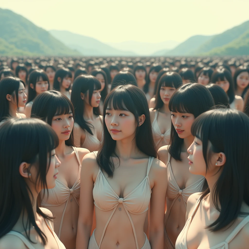 (((((Japanese Clone girls=Myself)))))), (((Best Super High quality Myself Clone girls Raw Photography Art))), (16K, Highest quality, Ultra-high resolution, RAW Photos), (((It&#39;s so unrealistic., With unparalleled depiction, With an unfathomable sight, An unprecedented and shocking worldview, Clone girls in a world of mass reproduction, Ultra-realistic))), (((Japanese, woman, 18yo, hashimoto-kanna))), (Small face, ((Thick black hair, Semi-long hair))), ((V-neck short-sleeve dress)), (((((Very detailed美しい女体, Accurate body structure, Very detailed完璧な, Super busty body with very large breasts, Clearly emphasizes cleavage))))), (((Dark Eyes, Mature face, Cute Smile, A gentle gaze))), (((Her happy and smiling expression is so cute))), ((((((((Very detailed分身増殖描写, ((1girl→Myself cloning→1,000,000,000,000,000,000,000,000,000,000,000,000,000,000,000,000,000,000,000,000Myself Clone girls)))))))))), ((((((((Very detailed, The precise depiction of the proliferation of Myself Clone girls, ((With the perfectly identical bodies of Myself clone girls, With the exact same face as the Myself clone girls, With the exact same hairstyle as the Myself clone girls, In the exact same clothes as the girls who are my clones, Perfectly the same height as the Myself clone girls, Super big breasts, just like the Myself clone girls)))))))))), (((Myself clone girls only))), (((Multiple pairs, Very detailed depiction, (Myself clone girls hug each other, Myself clone girls assemble, Fun conversations with fellow Myself clone girls, A fun conversation between Myself clone girls, Myself clone girls holding hands, Walking with lots of Myself clone girls)))), (((Everyone looks at the camera))), (((Unbelievably crowded, Transcendent Myself clone girls intimately, Countless Myself clone girls surround you in 360 degrees))), (Bright, soft sunlight), (((Very wide field of view, Very detailed, Detailed ultra-perspective depiction with clear depth, wide view))), (((((Landscape with a curved slope))))), (((Very photographic and detailed depiction, Myself clone girls will multiply infinitely and fill the surroundings from one side to the horizon with their bodies tightly packed together without any gaps., A scene of endless Myself clone girls and a fun atmosphere))), (Focus on the average value of the image)