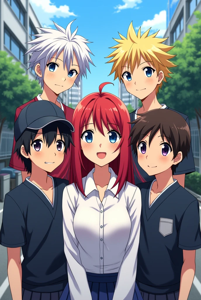 One boy at the last of the picture he have a cap on his head and on the boys right side a boy who have spiky hair golden colour and on the boys right side a girl have red hair and on the right side of the girl a boy have white hair and blue eyes he looks like a leader of the group and on the right side of the boy he have a classic anime hair style and the hole pic the girl is on center of the group and they maintain a friendly distance edit the picture in anime style and they are total four boys and one girl they all wear Japanese school uniform with Tokyo background I need a uniqueness of all the characters 