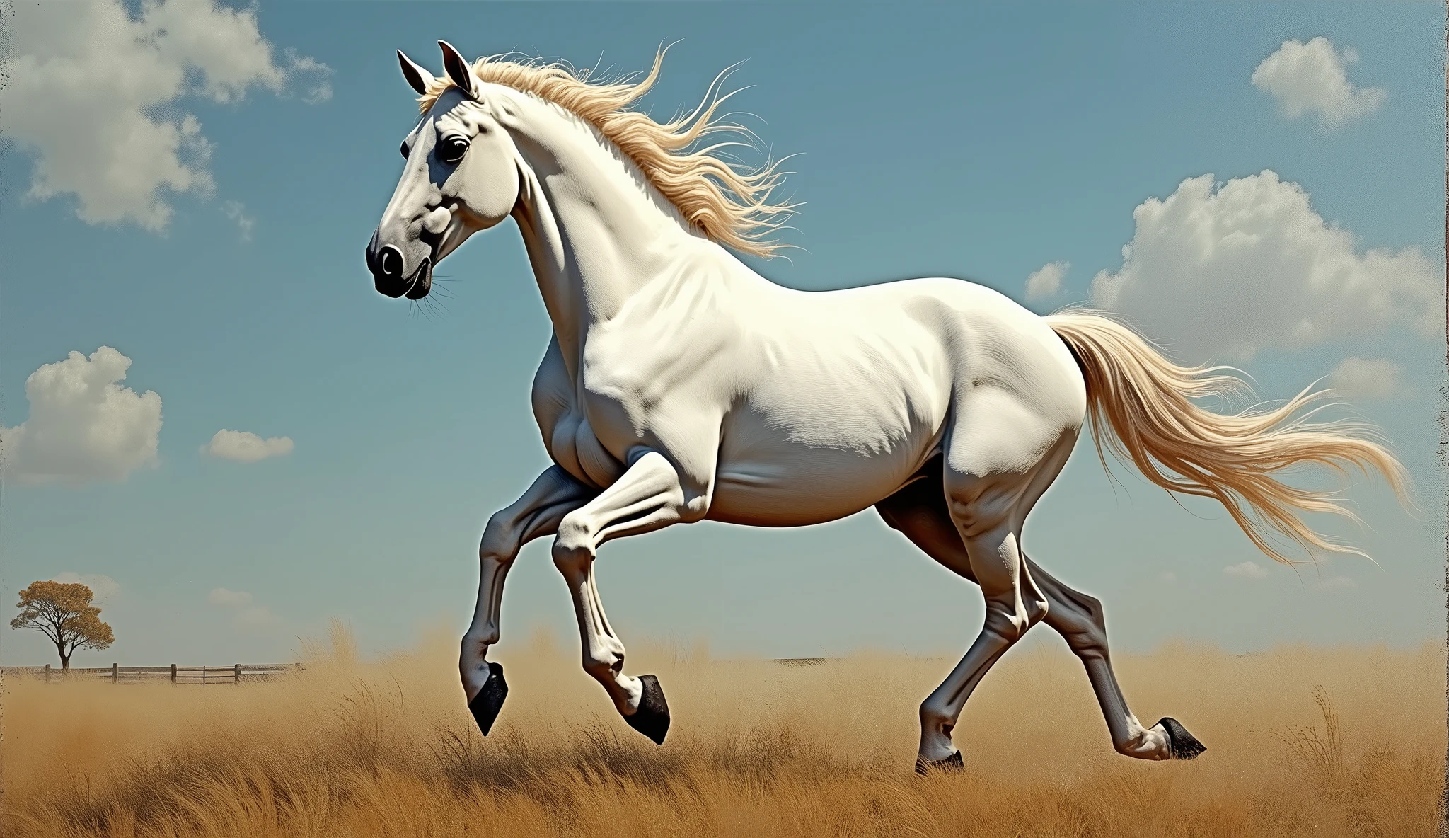 Create random classic masterpieces of Picasso in Ultra-High Definition, 64k resolution oil painting without a frame, using full dimensions of the selected resolution to fit the artwork image, finely detailed to perfection, art-punk, French style, countryside background, art germ, high-octane. A portrait of a young untamed beautiful aggressive White horse, an exact copy of the legendary Black Beauty film horse, an unreal engine, a master stroke of a legendary brush, a tribute to a legendary artist, super realistic, superhit,