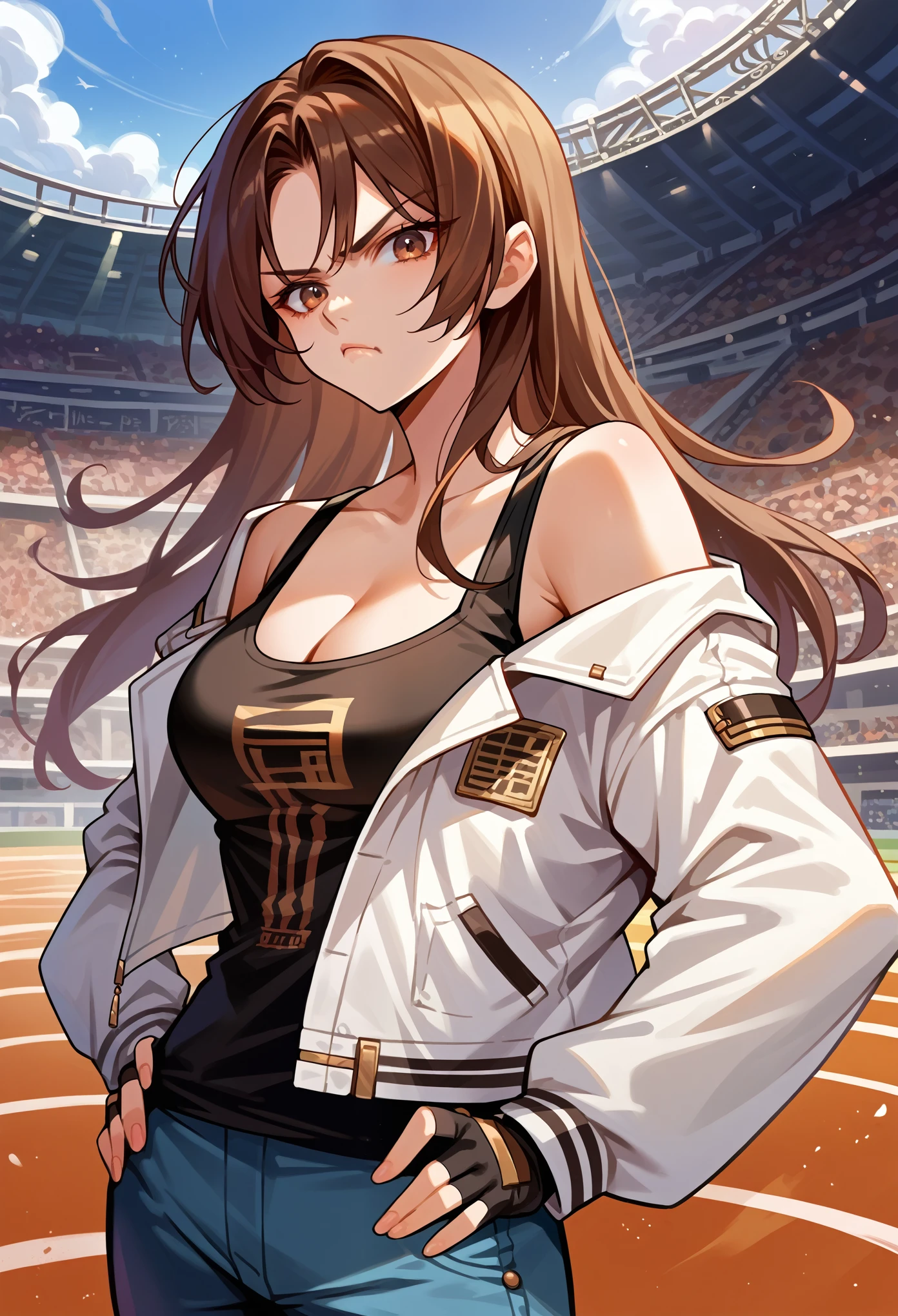 score_9, score_8_up, score_7_up, source_anime, 1girl, solo, (female:1.5), female focus, kyo_nest, brown hair, long hair, brown eyes, white jacket, taking off jacket, off-shoulder, open jacket, black shirt, blue pants, chain, cleavage, fingerless gloves, standing, pout, hands on hip, looking at you, coliseum