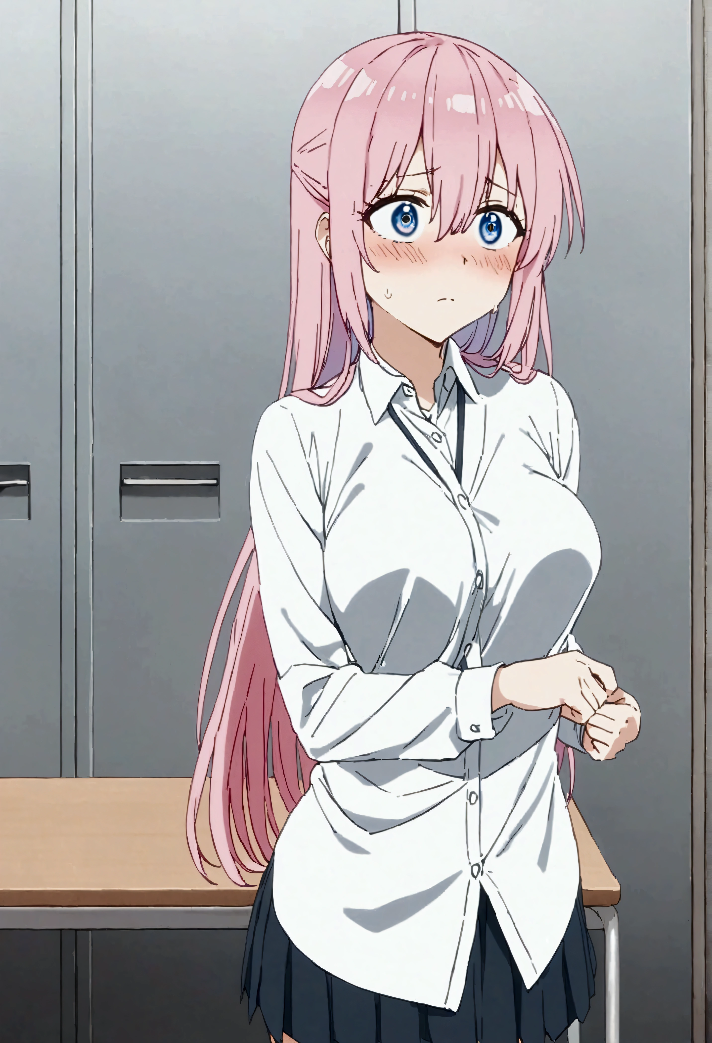 NSFW,masterpiece,Highest quality,High resolution,Very detailed,Shikimori-san\(可愛いだけじゃないShikimori-san\),Pink Hair、Long Hair、blue eyes、Hair between the eyes、bangs,Surprised face,blush,uniform,Dress shirt,Pleated skirt,School,locker room,locker room,bench,Changing clothes,Half-naked,Undressing