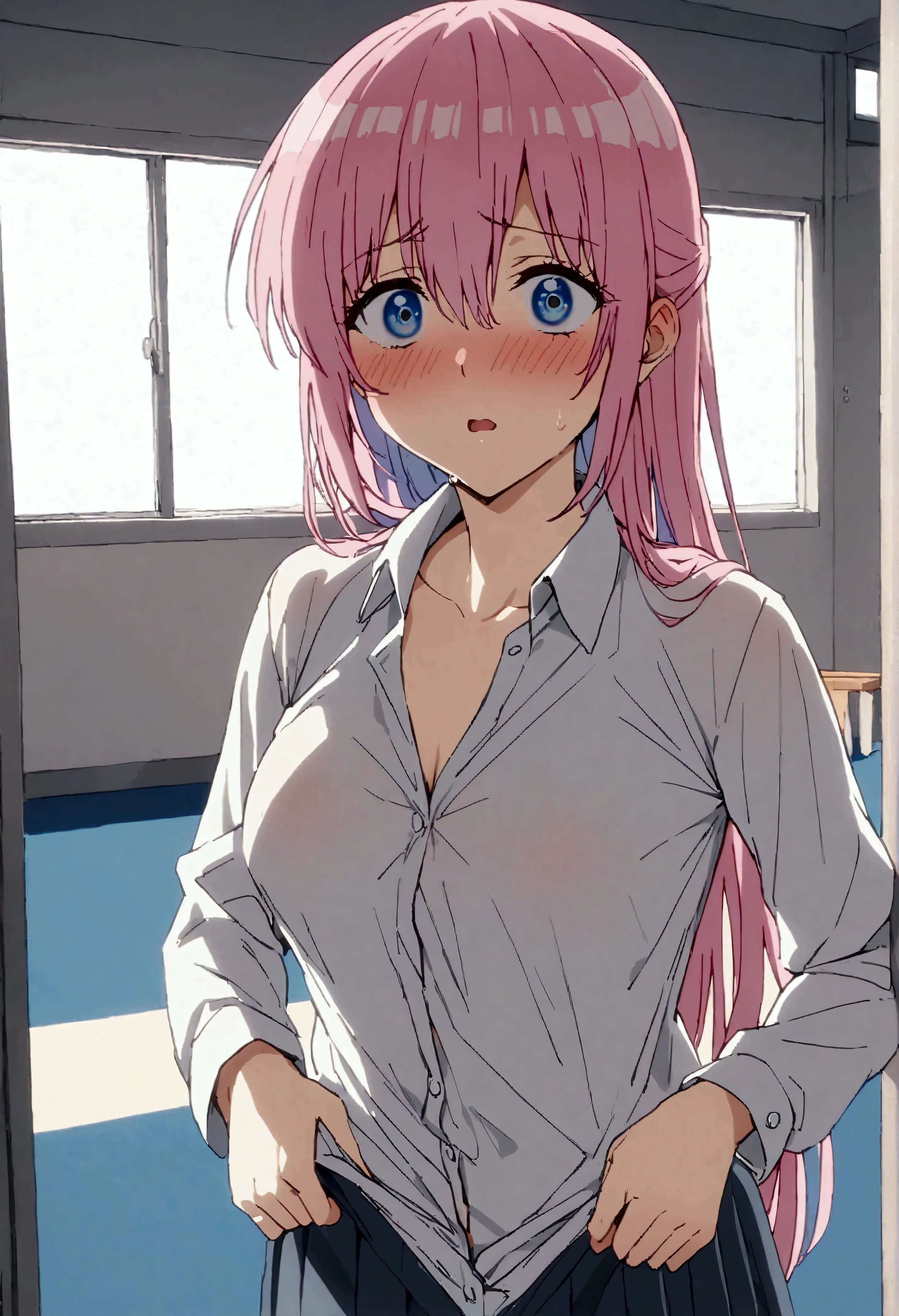 NSFW,masterpiece,Highest quality,High resolution,Very detailed,Shikimori-san\(可愛いだけじゃないShikimori-san\),Pink Hair、Long Hair、blue eyes、Hair between the eyes、bangs,Surprised face,blush,uniform,Dress shirt,Pleated skirt,School,locker room,locker room,bench,Changing clothes,Half-naked,Undressing