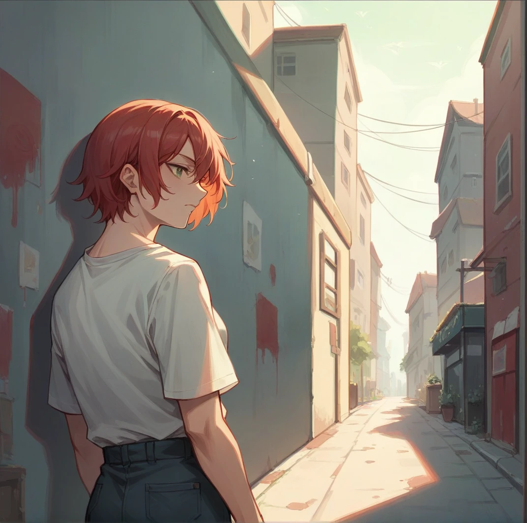 Make a red-haired girl who is on the street painting a wall