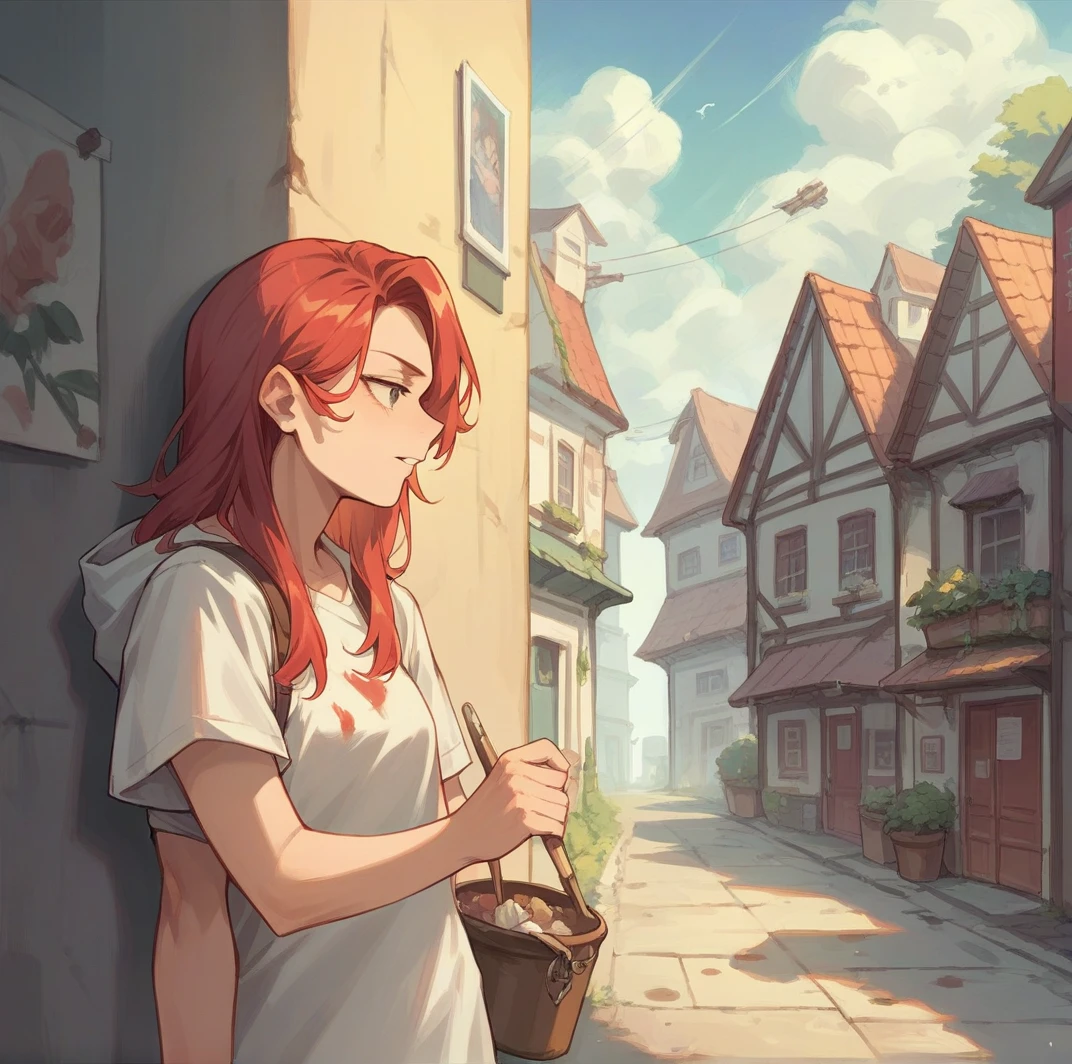 Make a red-haired girl who is on the street painting a wall