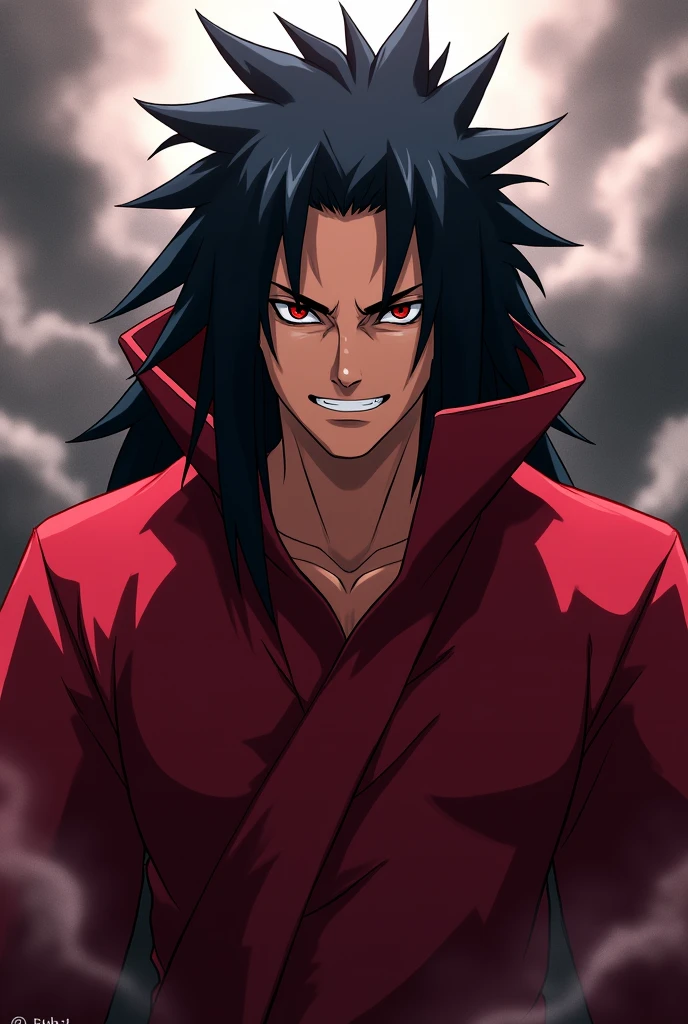 A anime male villain madara uchiha without weapon smile face wear red dress