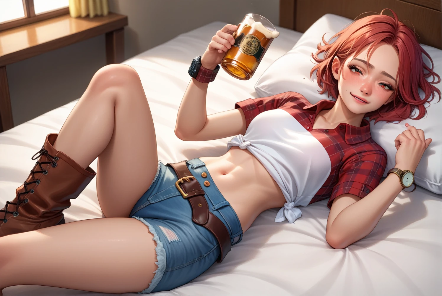 Sexy Cowgirl,Red plaid　Very short short sleeves　collared cowgirl shirt,Denim hot pants,Western belt with holster,Western Boots,Watch on wrist,Navel exposed,Drunk,Above the knee shot,Open your eyes,Lying in bed,Ultra-high resolution,16K