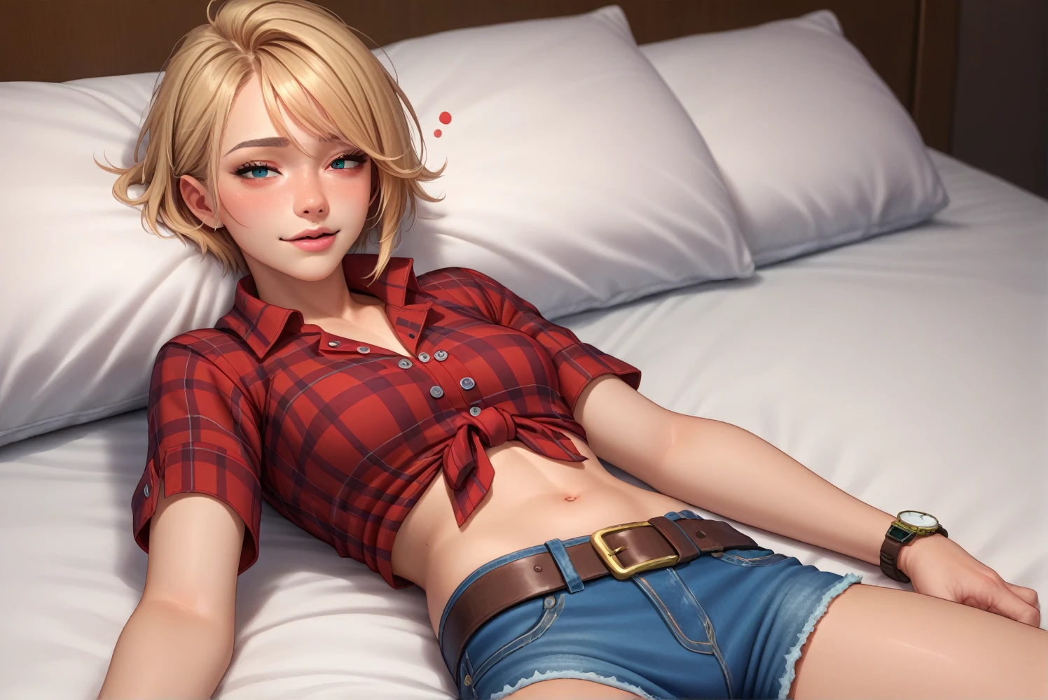 Sexy Cowgirl,Red plaid　Very short short sleeves　collared cowgirl shirt,Denim hot pants,Western belt with holster,Western Boots,Watch on wrist,Navel exposed,Drunk,Above the knee shot,Open your eyes,Lying in bed,Ultra-high resolution,16K