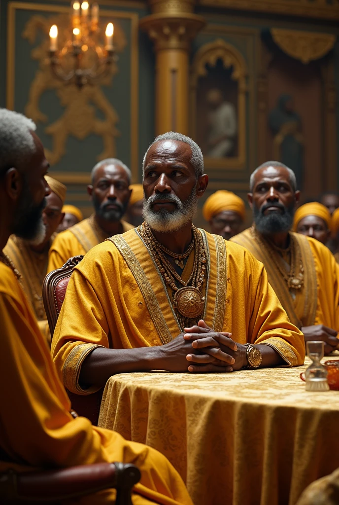 Un groupe de vieux sages ???? africains. Composé d'hommes et de femmes. Vêtus de vêtement d'or luxueux. Tous assis autour d'une très grande table. Ils sont au moins 20 personnes. 