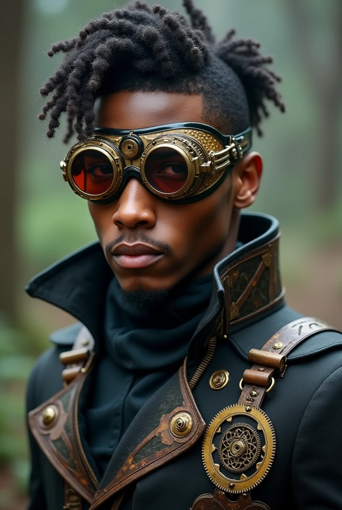 A young African American man wearing a complete steampunk outfit, including steampunk goggles