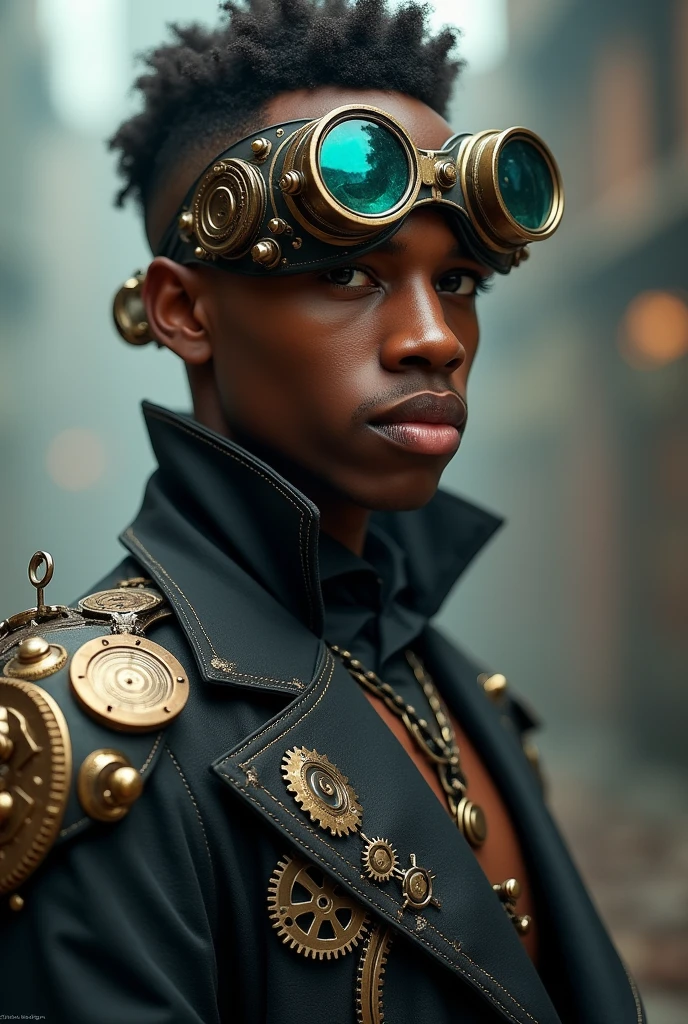 A young African American man wearing a complete steampunk outfit, including steampunk goggles