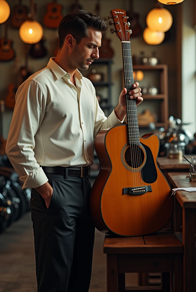 moodboard montage, A man standing in a music store, wearing a 1940´s style, white button shirt and dark pants, looking at a classic wooden acoustic guitar, (best quality,4k,8k,highres,masterpiece:1.2),ultra-detailed,(realistic,photorealistic,photo-realistic:1.37),detailed clothing, extremely detailed face and eyes,sharp focus,physically-based rendering,professional,vivid colors,dramatic lighting,moody atmosphere,gritty industrial setting,retro palette,vintage aesthetic,luxury fashion,masculine style,automotive details,motorcycle enthusiast